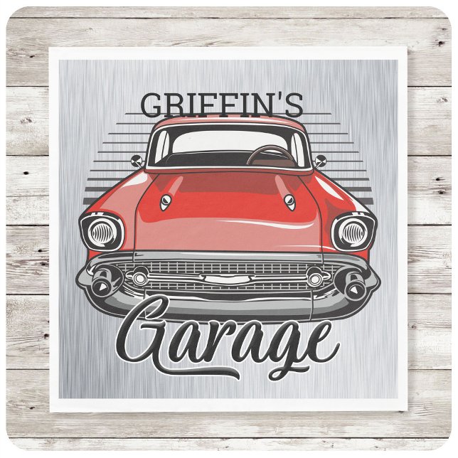 Personalised NAME Retro Red Classic Car Garage Napkin (Creator Uploaded)