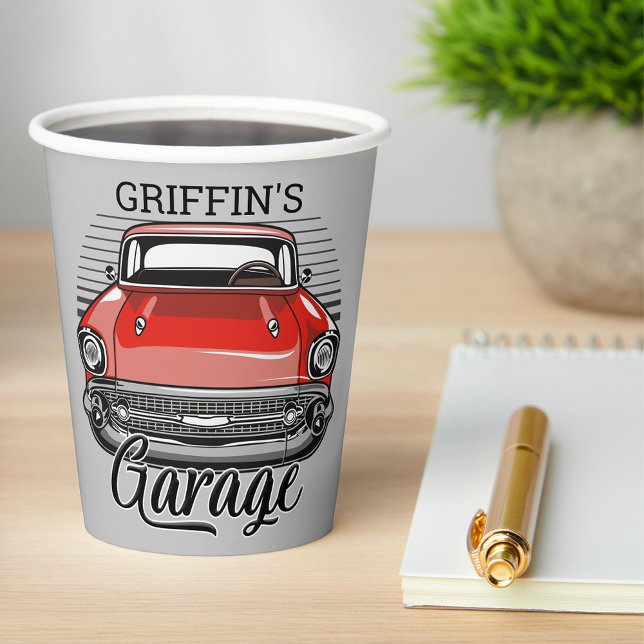 Personalised NAME Retro Red Classic Car Garage Paper Cups (Creator Uploaded)