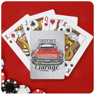 Personalised NAME Retro Red Classic Car Garage Playing Cards
