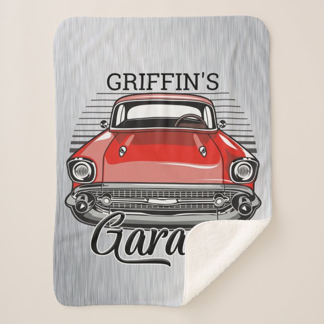 Personalised NAME Retro Red Classic Car Garage Sherpa Blanket (Front)