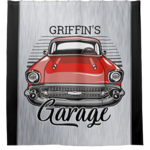 Personalised NAME Retro Red Classic Car Garage Shower Curtain