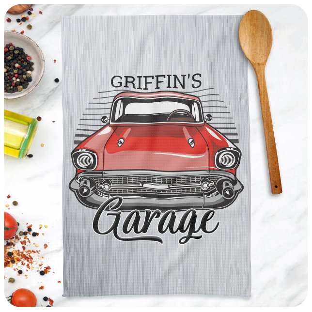 Personalised NAME Retro Red Classic Car Garage Tea Towel (Creator Uploaded)