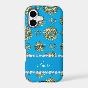 Personalised name retro sky blue gold flowers