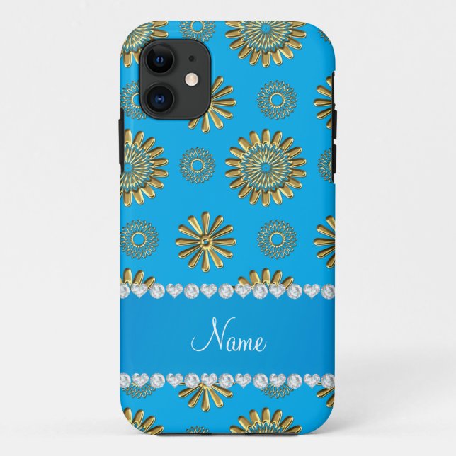 Personalised name retro sky blue gold flowers Case-Mate iPhone case (Back)