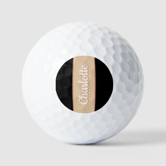 Personalised Name Retro Stripe Beige Black Golf Balls (Front)