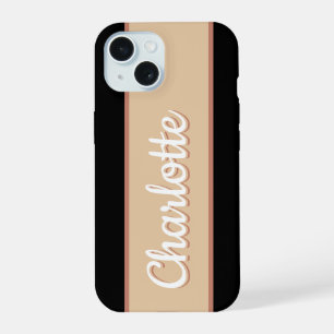Personalised Name Retro Stripe Beige Black iPhone 15 Case