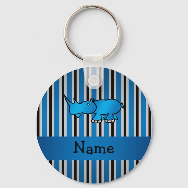Personalised name rhino blue black stripes key ring (Front)