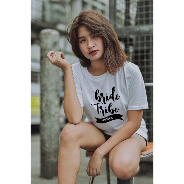 Personalised Name Ribbon Modern Script Bride Tribe T-Shirt (Creator Uploaded)