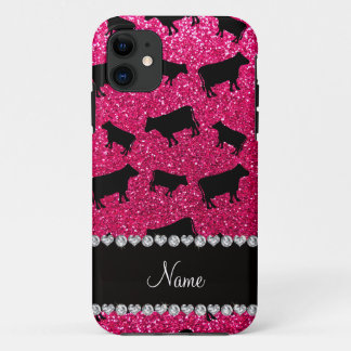 Personalised name rose pink glitter cows iPhone 11 case