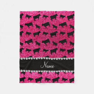 Personalised name rose pink glitter cows fleece blanket