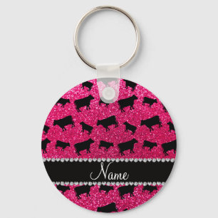 Personalised name rose pink glitter cows key ring