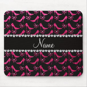 Personalised name rose pink glitter high heels bow mouse pad