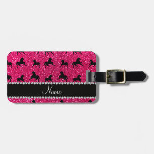 Personalised name rose pink glitter horses luggage tag