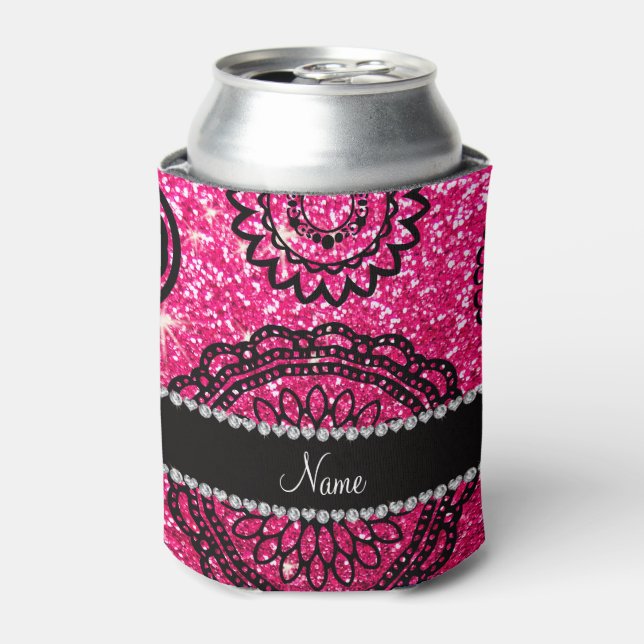 Personalised name rose pink glitter mandalas can cooler (Can Front)
