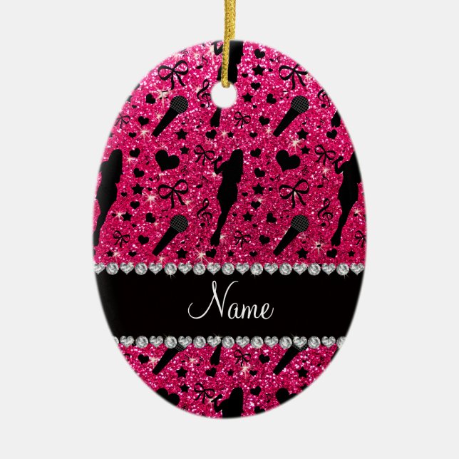 Personalised name rose pink glitter singer ceramic tree decoration (Front)