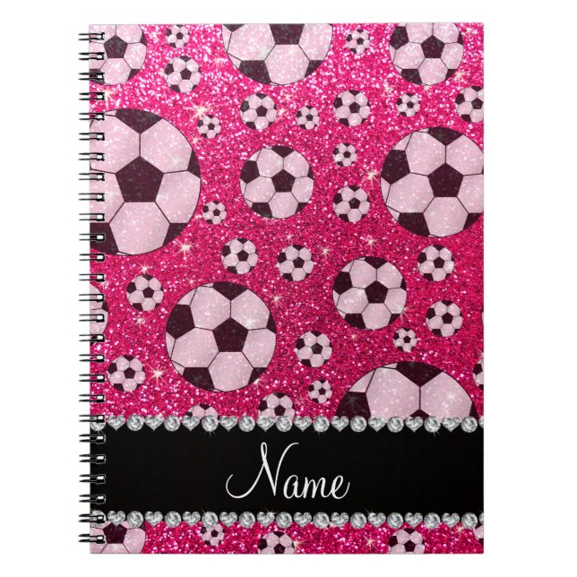 Personalised name rose pink glitter soccer spiral notebook (Front)