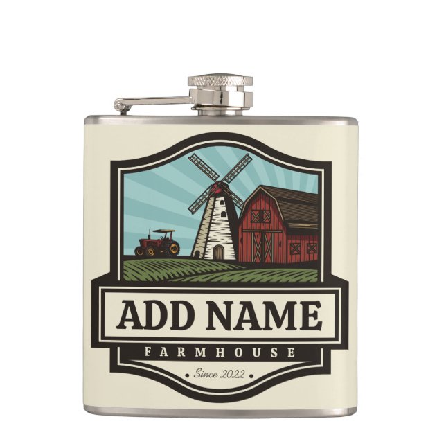 Personalised NAME Rustic Farmhouse Old Windmill  Hip Flask (Front)