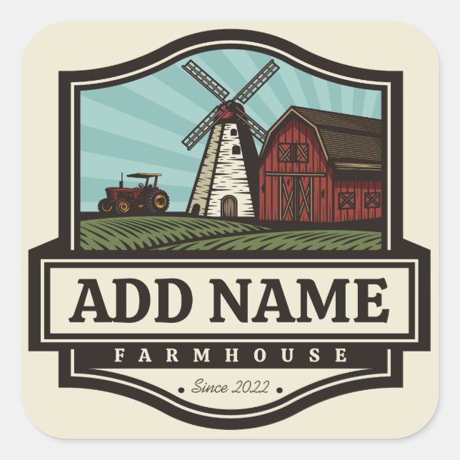 Personalised NAME Rustic Farmhouse Old Windmill  Square Sticker (Front)