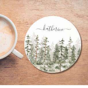 Personalised Name Rustic Green Pine Forest Pinery Coaster