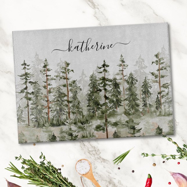 Personalised Name Rustic Green Pine Forest Pinery Cutting Board (In situ)