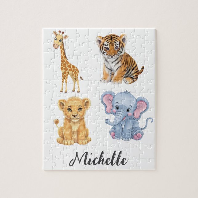 Personalised Name Safari Jungle Animals Kids Jigsaw Puzzle (Vertical)