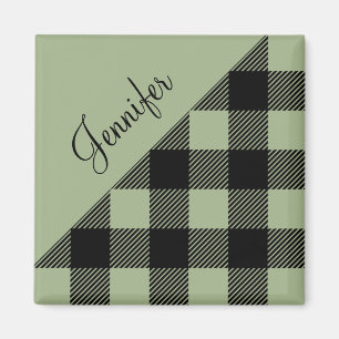Personalised Name Sage Green Plaid Check Pattern Magnet