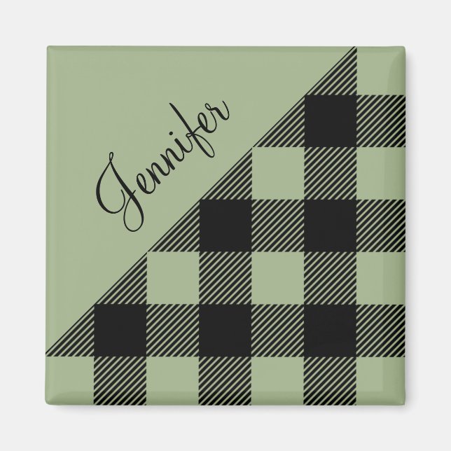 Personalised Name Sage Green Plaid Check Pattern Magnet (Front)