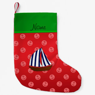 Personalised name sailboat red dot anchors small christmas stocking