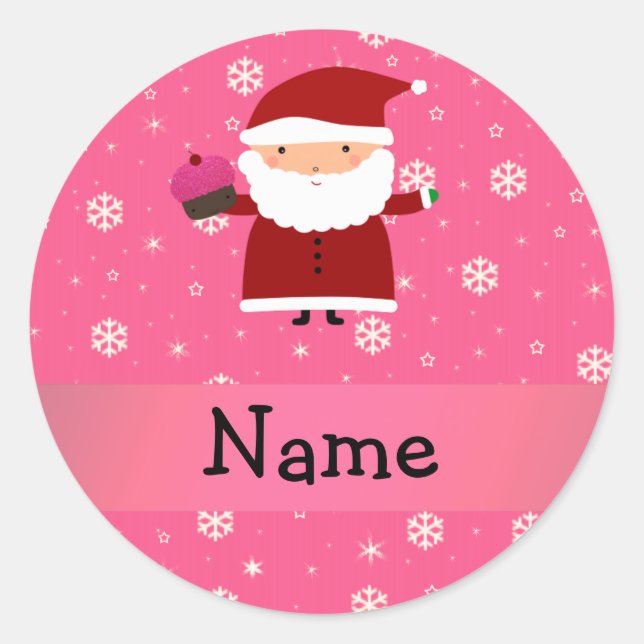 Personalised name santa cupcake pink snowflakes classic round sticker (Front)