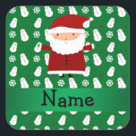 Personalised name santa green snowman square sticker<br><div class="desc">Cute christmas santa gift ideas. Create your own custom Personalised just add name, monogram, or initials or saying on your cute cartoon santa with red suit, white beard, green mittens and hat with pompom, with a green snowman, snowflakes, holly pattern background and green stripe. Cute santa gift ideas for kids...</div>