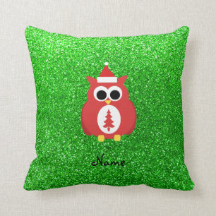 Personalised name santa owl green glitter cushion