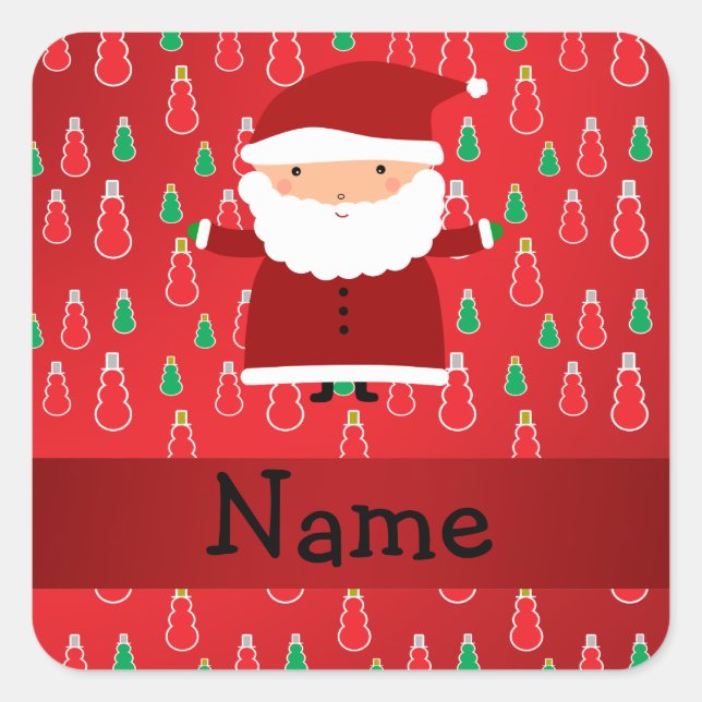 Personalised name santa red snowmen square sticker (Front)