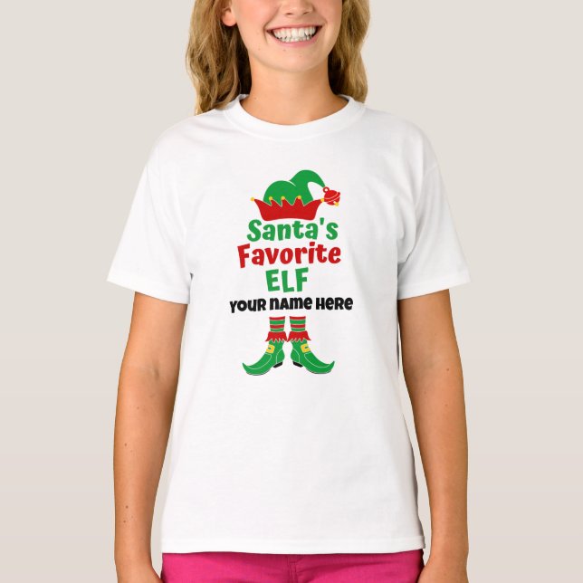 Personalised Name Santa's Favourite Elf  T-Shirt (Front)