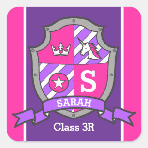 Personalised name school class unicorn crest square sticker