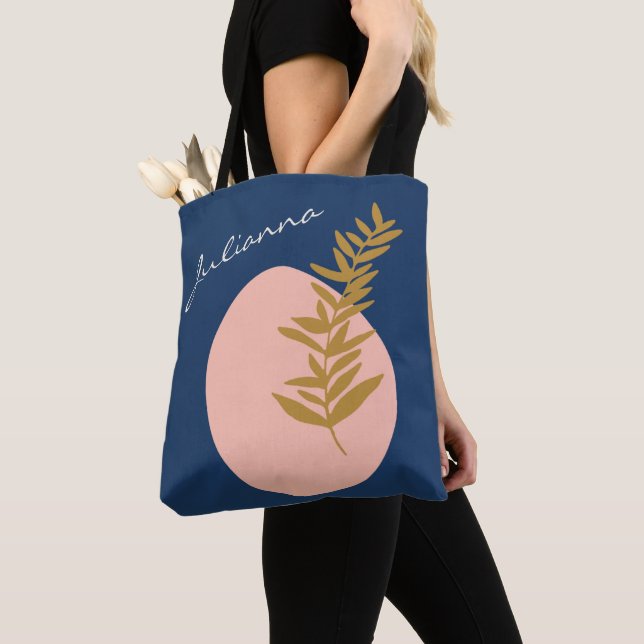 Personalised Name Script Blue Botanical Boho  Tote Bag (Close Up)