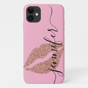 Personalised Name, Script-Rose Gold Lips, Pink Case-Mate iPhone Case