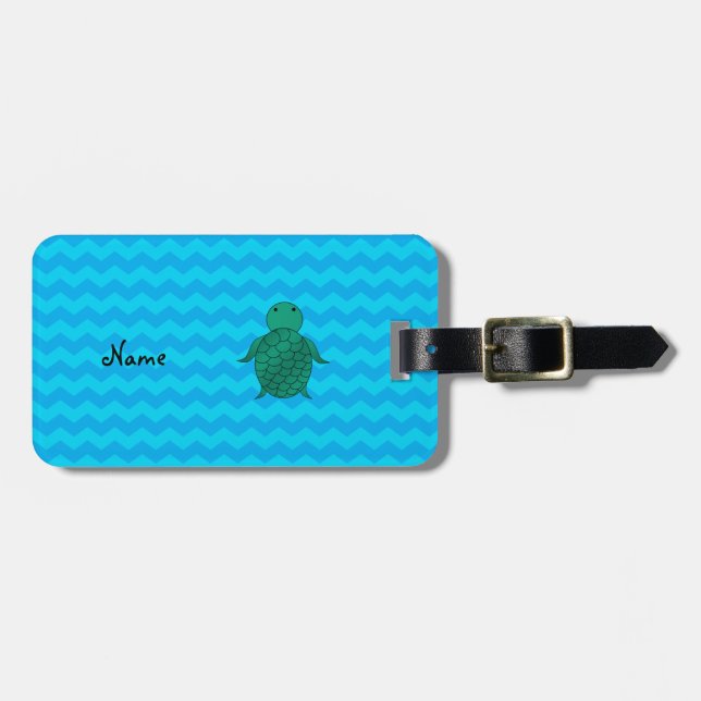 Personalised name sea turtle blue chevrons luggage tag (Front Horizontal)