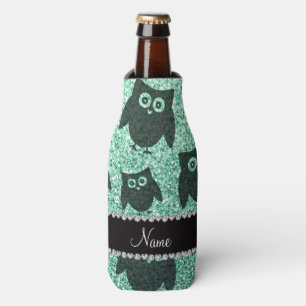 Personalised name seafoam green glitter owls bottle cooler