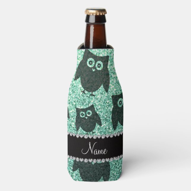 Personalised name seafoam green glitter owls bottle cooler (Bottle Front)