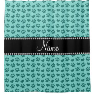 Personalised name seafoam green hearts and paws shower curtain