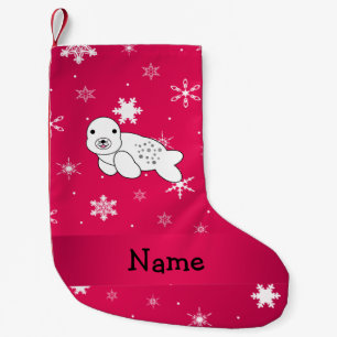 Personalised name seal pink snowflakes small christmas stocking