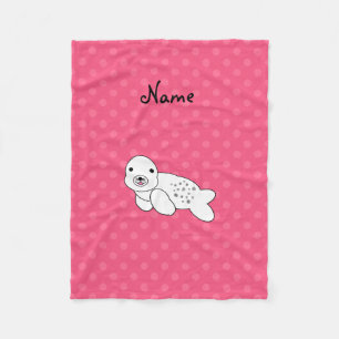 Personalised name seal pup pink polka dots fleece blanket