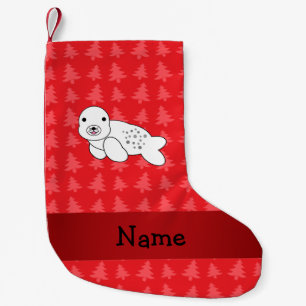 Personalised name seal red christmas trees small christmas stocking