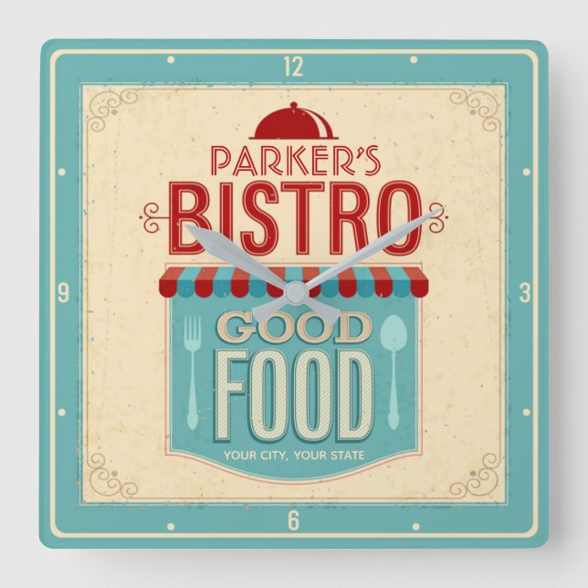 Personalised NAME Shabby Chic French Bistro Cafe Square Wall Clock (Front)