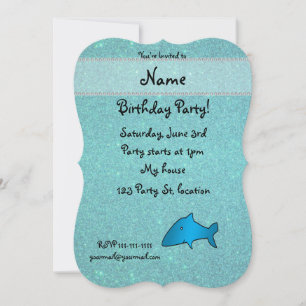 Personalised name shark turquoise glitter invitation