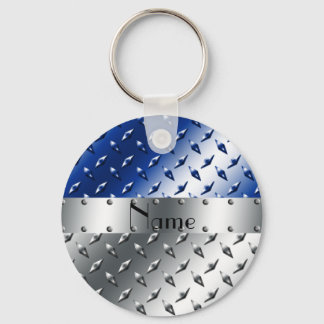 Personalised name silver blue diamond steel plate key ring