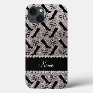 Personalised name silver glitter boots bows iPhone 13 case