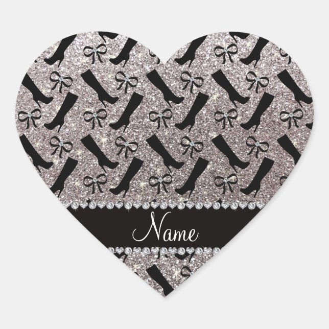 Personalised name silver glitter boots bows heart sticker (Front)