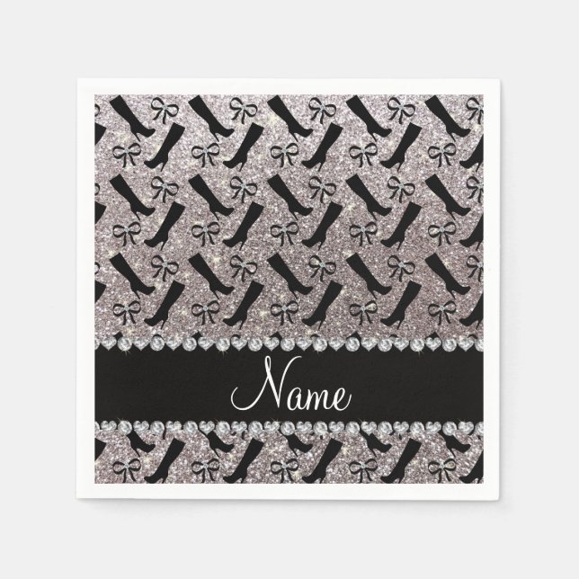 Personalised name silver glitter boots bows napkin (Front)