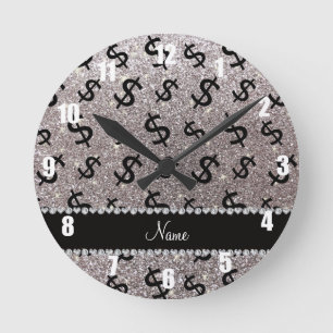 Personalised name silver glitter dollar signs round clock